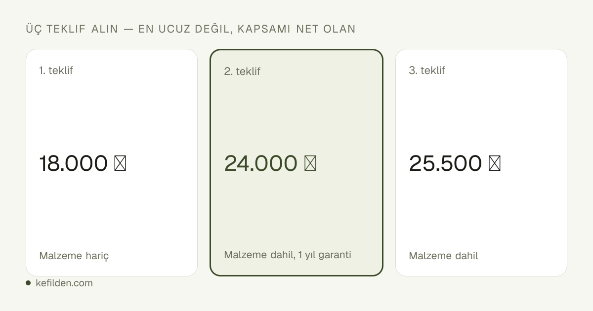 Üç teklif yan yana: en ucuzu malzeme hariç, ortadaki malzeme dahil ve bir yıl garantili. Seçim en düşük tutara değil kapsama göre yapılıyor.